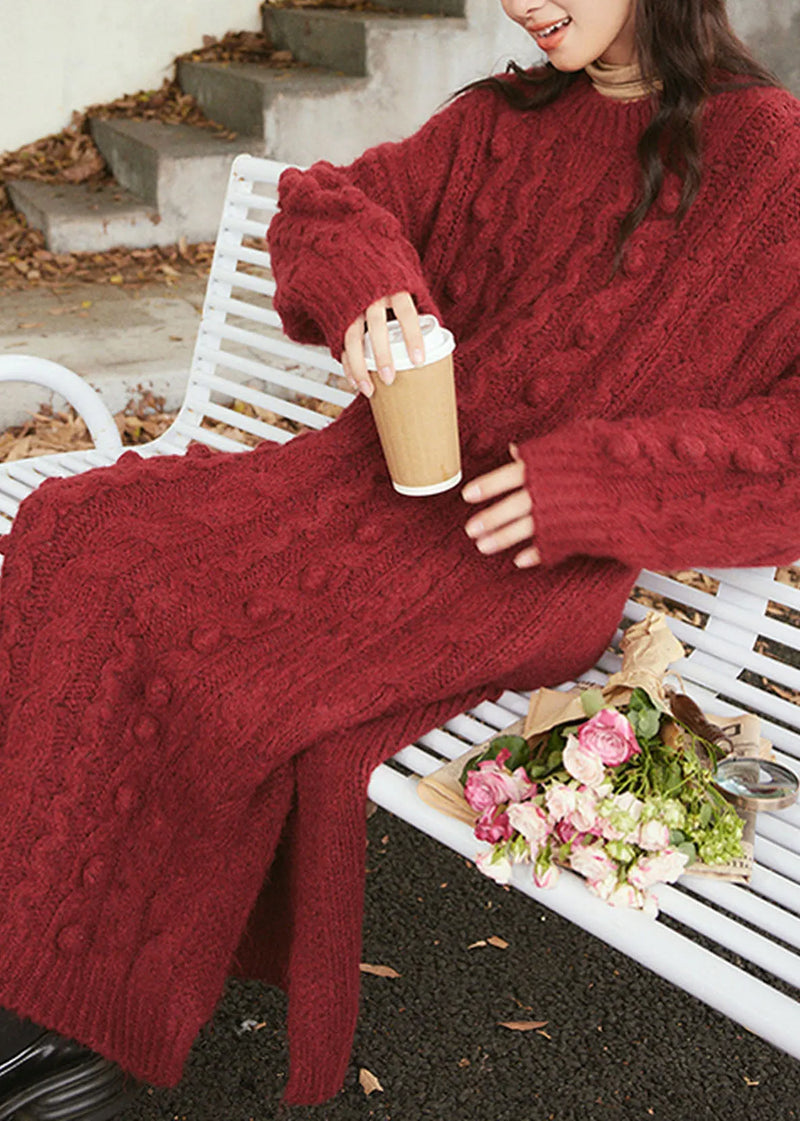 Handmade Green O-neck Side Open Cozy Cotton Knit Cable Sweater Dress Long Sleeve