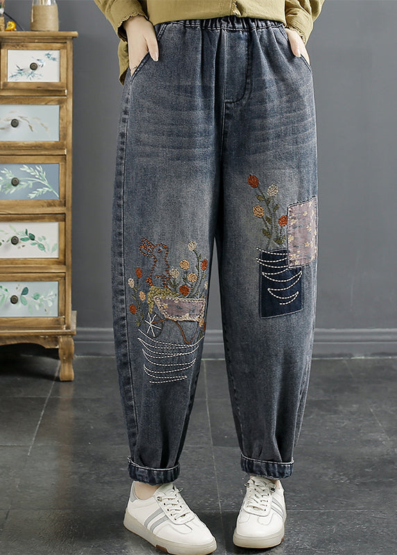 Natural Blue Embroideried Pockets Elastic Waist Denim Pants Fall