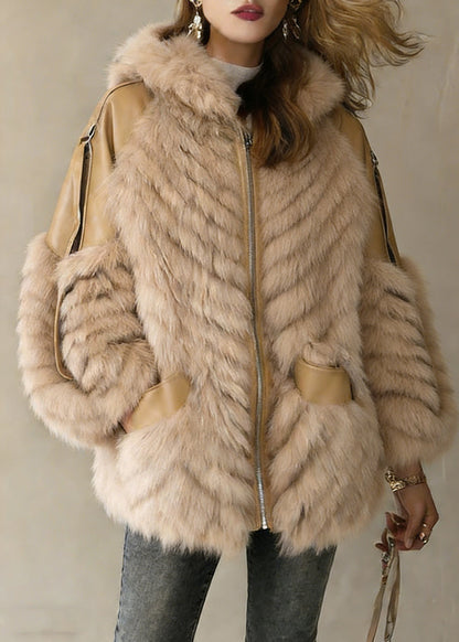 French Khaki Hooded Pockets Patchwork Leather and Fur Coats Winter