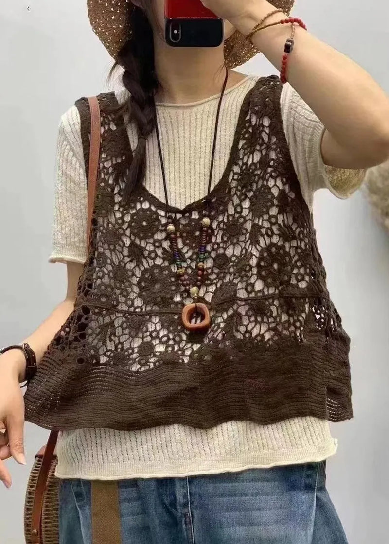 Black V Neck Hollow Out Knit Waistcoat Sleeveless