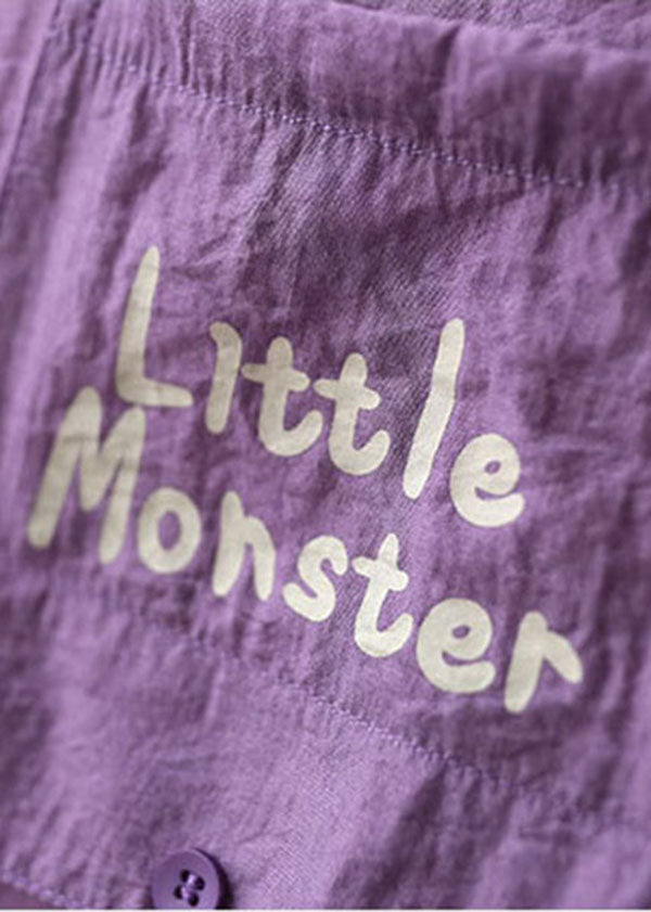 Unique Purple O-neck Drawstring Pocket Letter Print Cotton Top Short Sleeve