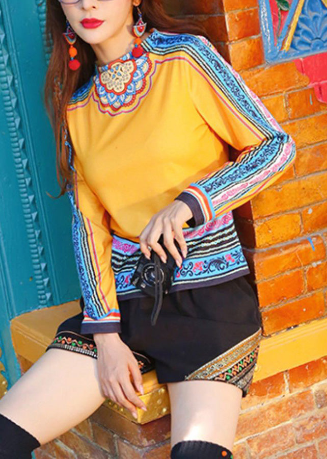Yellow O-neck Print Patchwork Top Long Sleeve