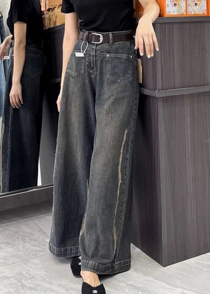 Fine Pockets Patchwork Denim Wide Leg Pants Fall