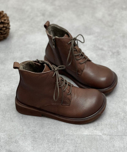 Chocolate Boots Cowhide Leather Warm Fleece Lace Up Boots