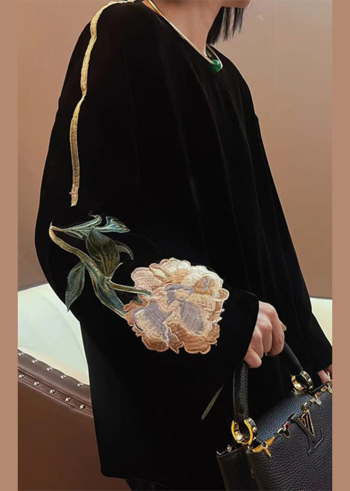 Black Embroideried Patchwork Velour Tops Fall