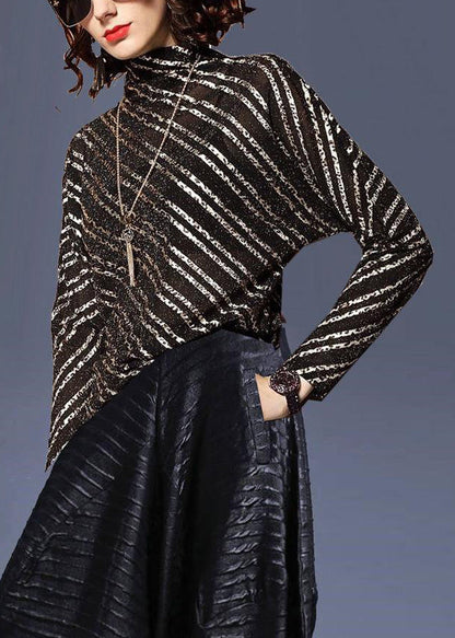 Black Stand Collar Striped Top Batwing Sleeve