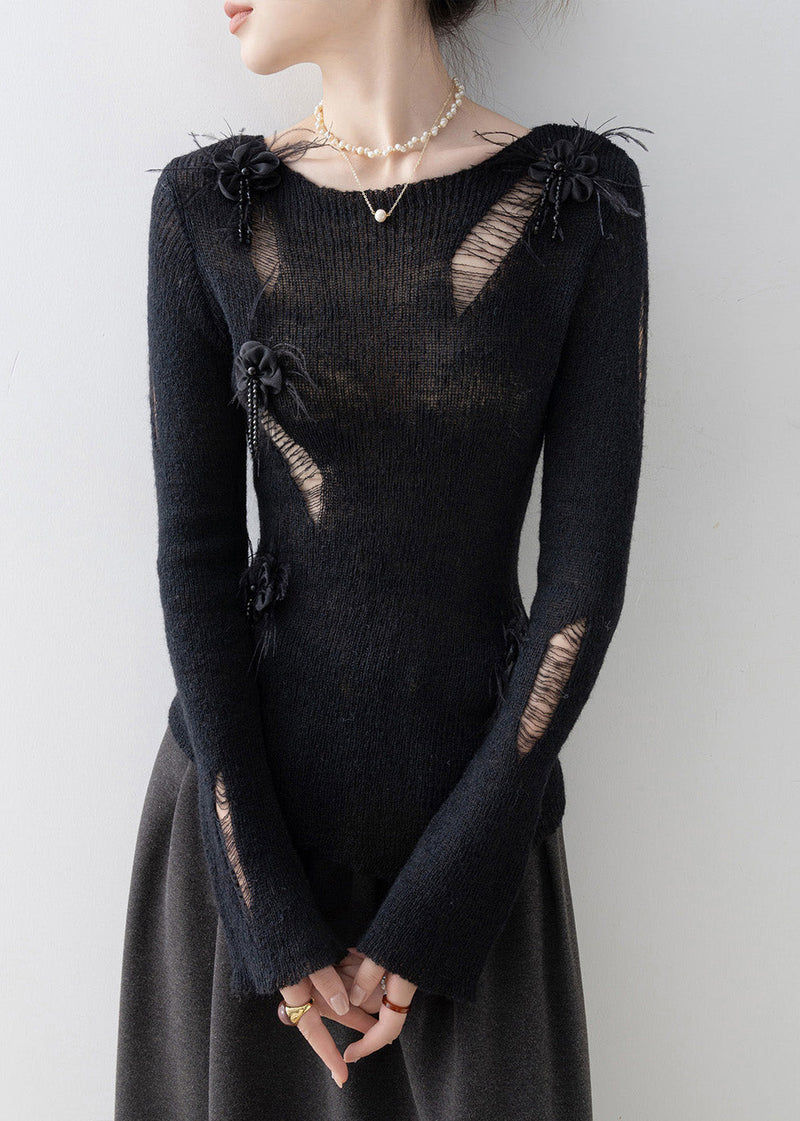 Black O Neck Tassel Knit Top Spring