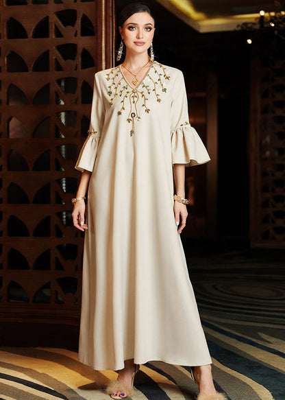 Apricot Embroideried Chiffon Long Dress Flare Sleeve Summer