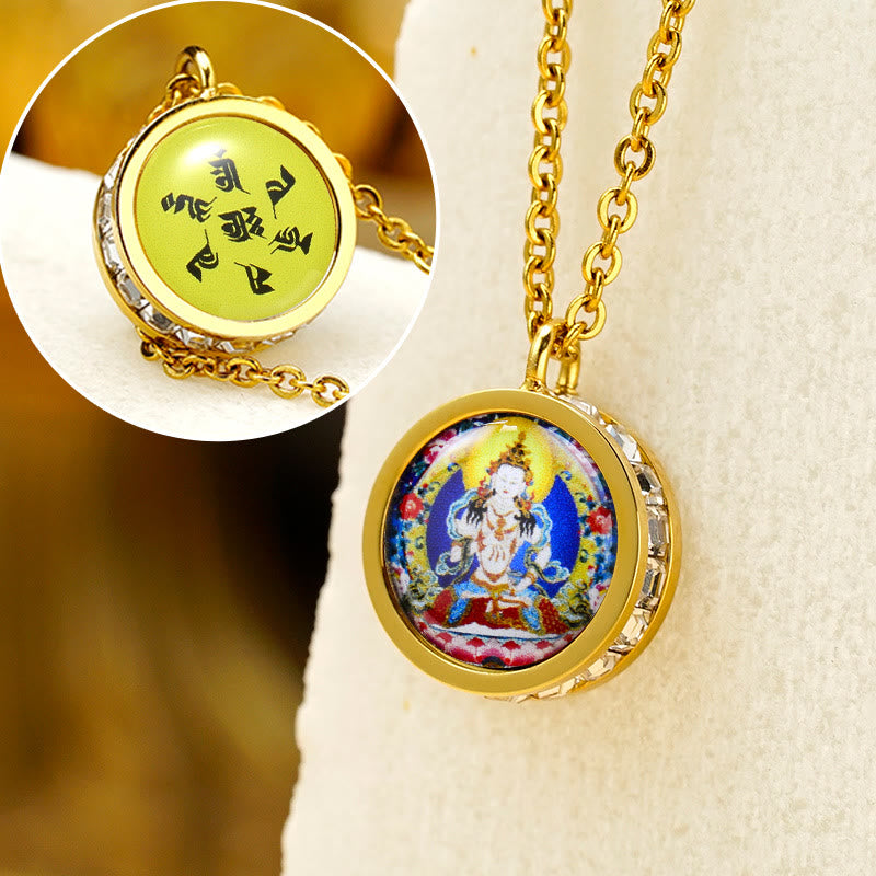 Buddha Stones Tibetan Yellow God of Wealth Green Tara Buddha Serenity Titanium Steel Necklace Pendant