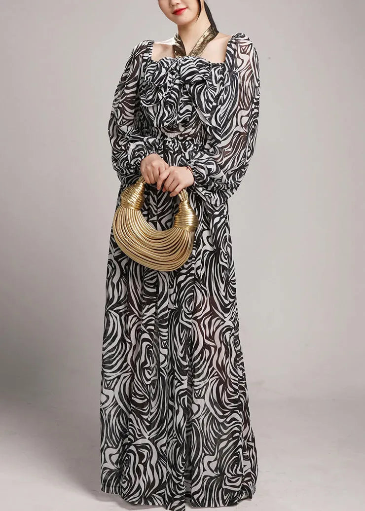 Black Lace Up Elastic Waist Chiffon Jumpsuit Square Collar