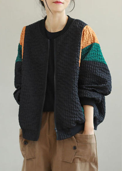 Black Loose Zippered Pockets Fall Jackets