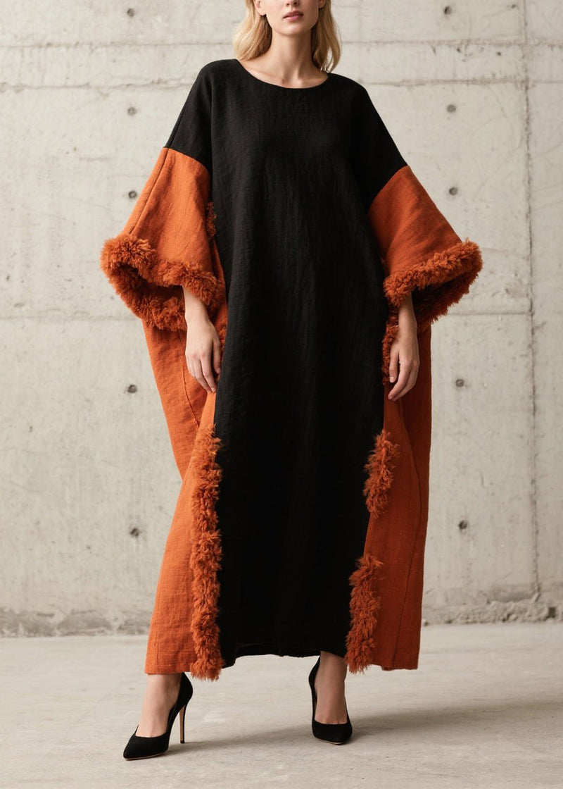 New Colorblock O Neck Fuzzy Fur Patchwork Cotton Long Dress Fall