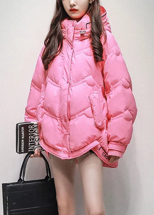 Pink Hooded Pockets Drawstring Duck Down Coats Winter