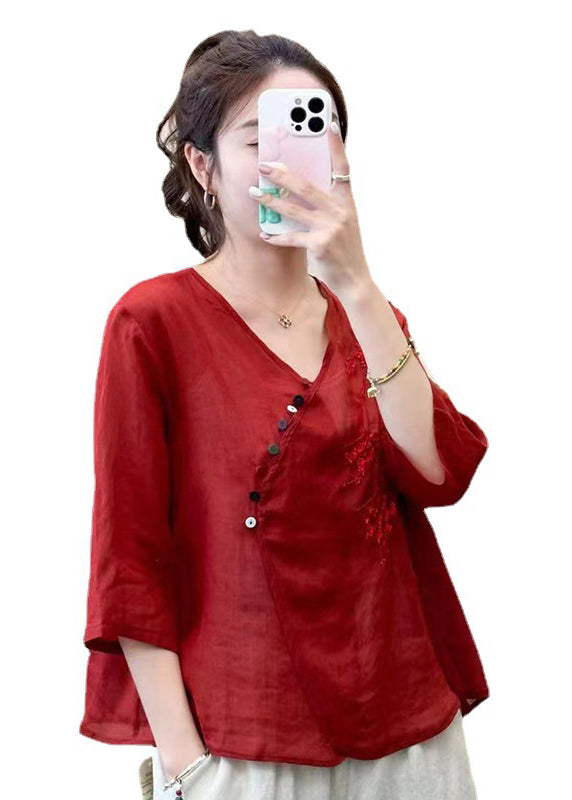 Green V Neck Embroideried Patchwork Linen Tops Summer