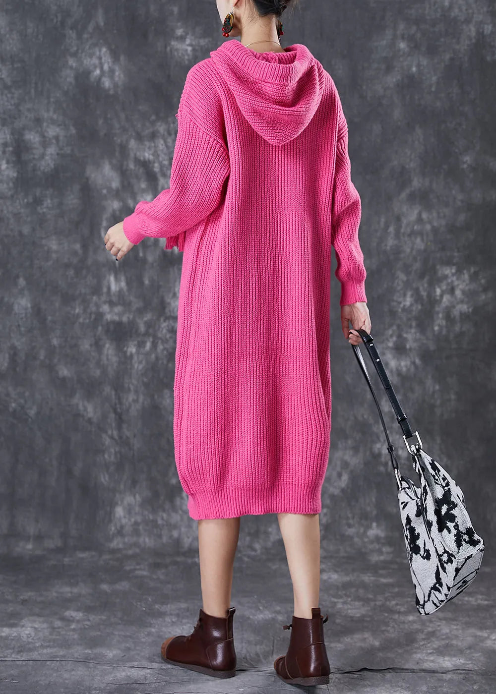 Diy Rose Hooded Drawstring Knit Pullover Sweatshirt Dress Fall