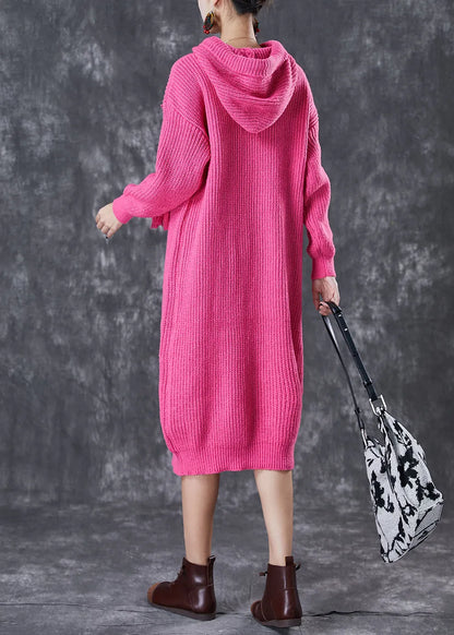 Diy Rose Hooded Drawstring Knit Pullover Sweatshirt Dress Fall