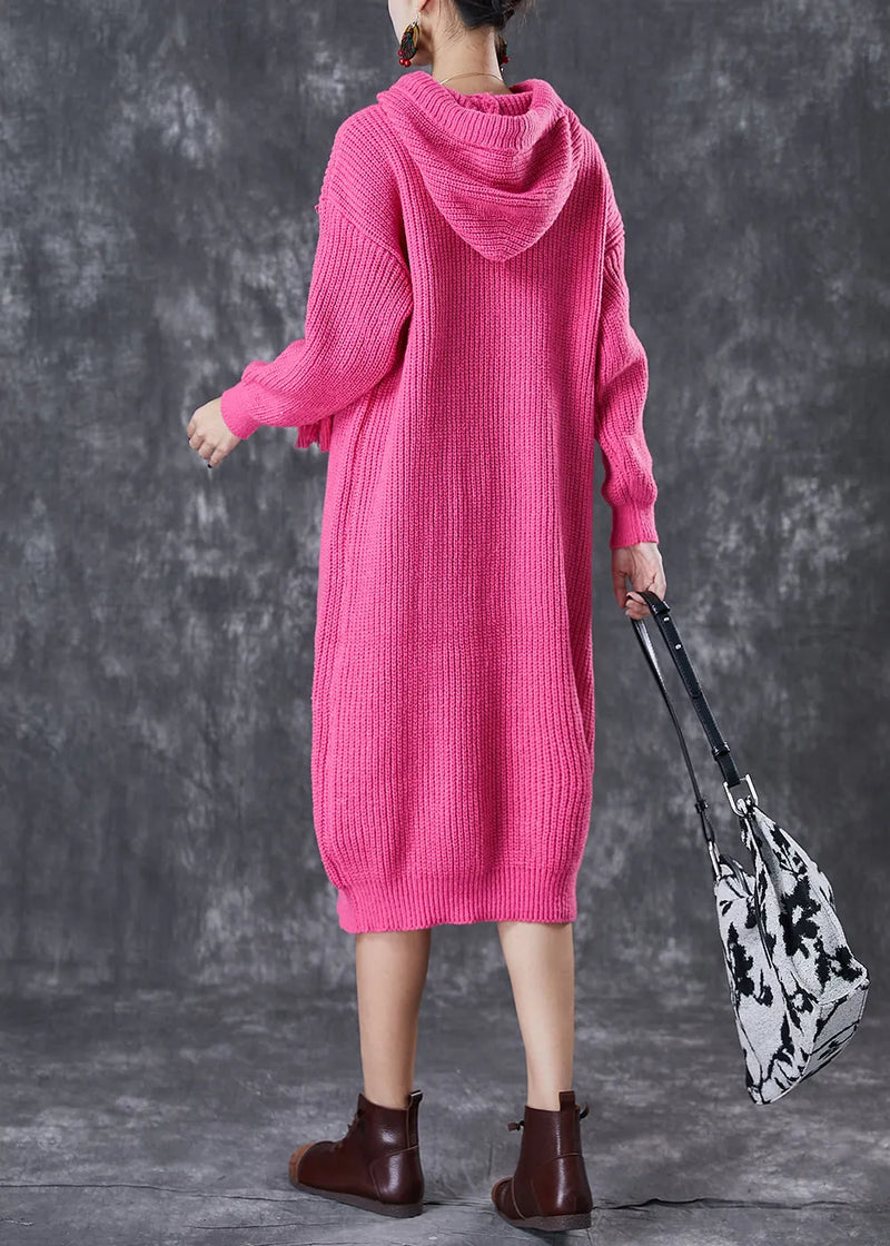 Diy Rose Hooded Drawstring Knit Pullover Sweatshirt Dress Fall