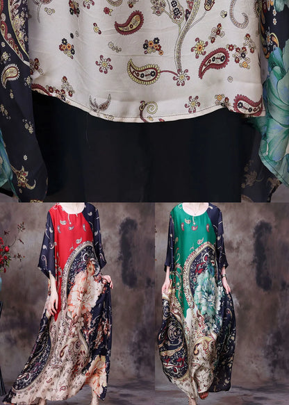 Green Print Silk Long Dresses Asymmetrical Deaign Half Sleeve