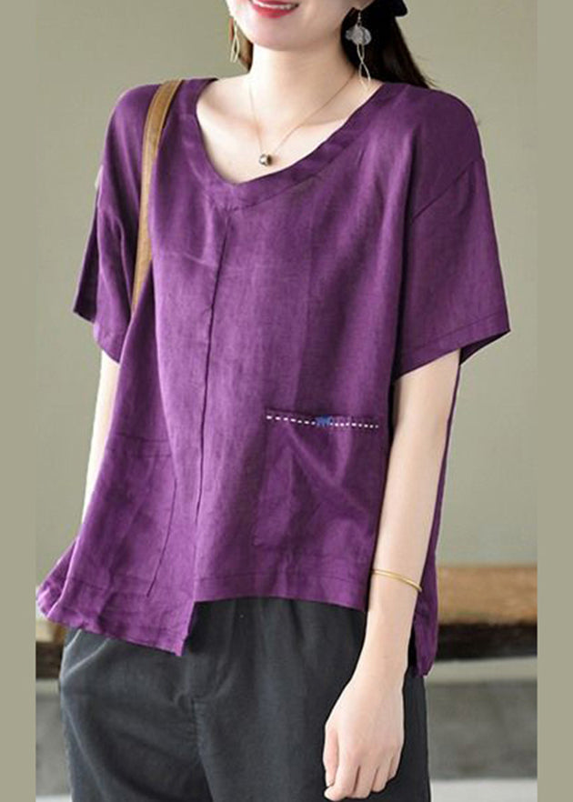Purple O-neck Asymmetrical Design Pocket Linen Top Short Sleeve