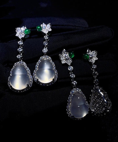 Nude Sterling Silver Inlaid Zircon Jade Gourd Drop Earrings