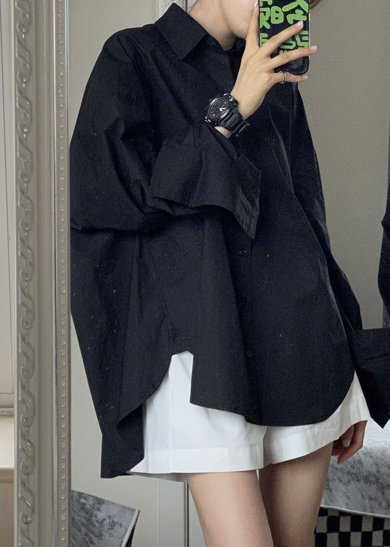 Black Peter Pan Collar Side Open Shirt Long Sleeve