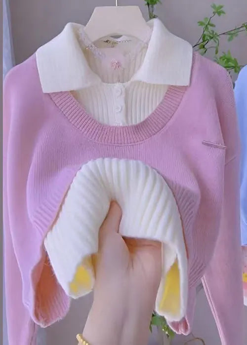 French Pink Peter Pan Collar Vest Knit Two Pieces Set Spring
