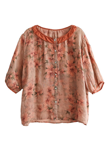 Red Ruffled Print Linen Shirt Half Sleeve