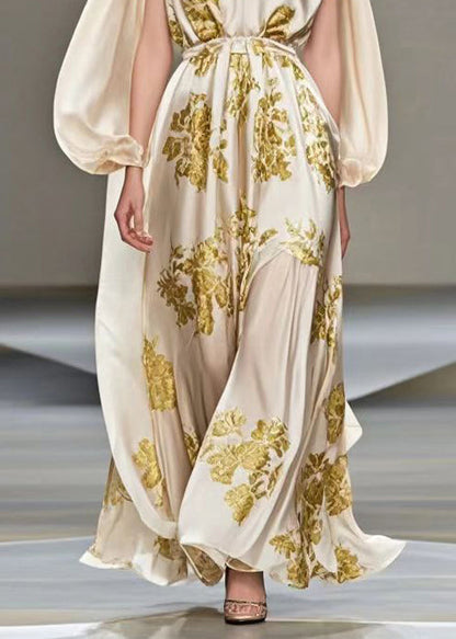 Style Champagne V Neck Print Silk Maxi Dress Cloak Sleeves Summer