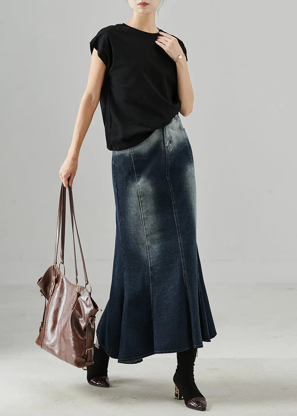 Silm Fit Black High Waist Denim Wraped Skirt Spring