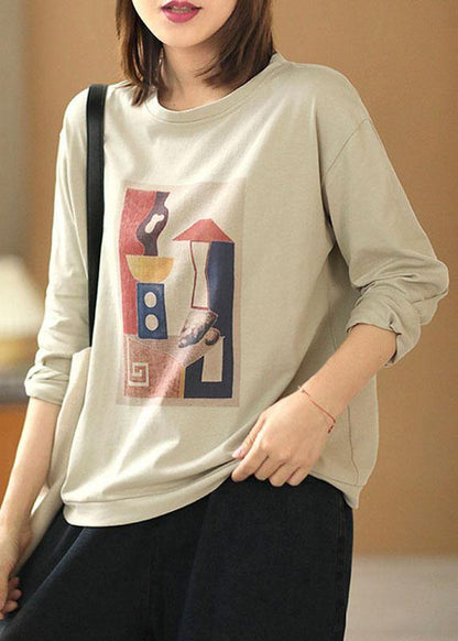 Light Grey O-neck Print Fall Tops Long Sleeve