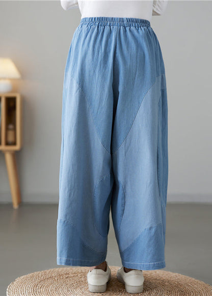 Light Blue Pockets Elastic Waist Denim Wide Leg Pants Fall