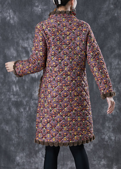Purple Print Warm Fleece Coat Oversized Stand Collar Winter