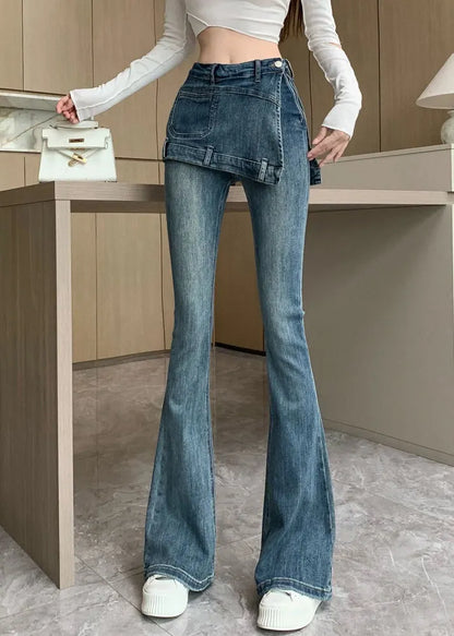 Novelty Blue Patchwork High Waist Fake Two Pieces Denim Flared Pants Spring
