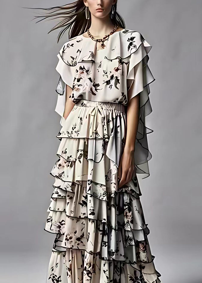 Black Ruffled Print Silk Two Pieces Set Summer