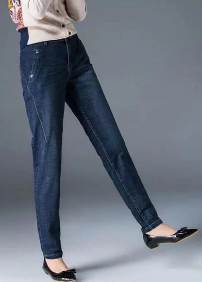 Fitted Navy High Waist Pockets Color Cotton Denim Pants Fall
