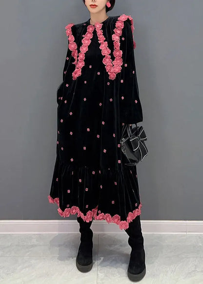 French Black O Neck Silk Velour Maxi Dress Winter