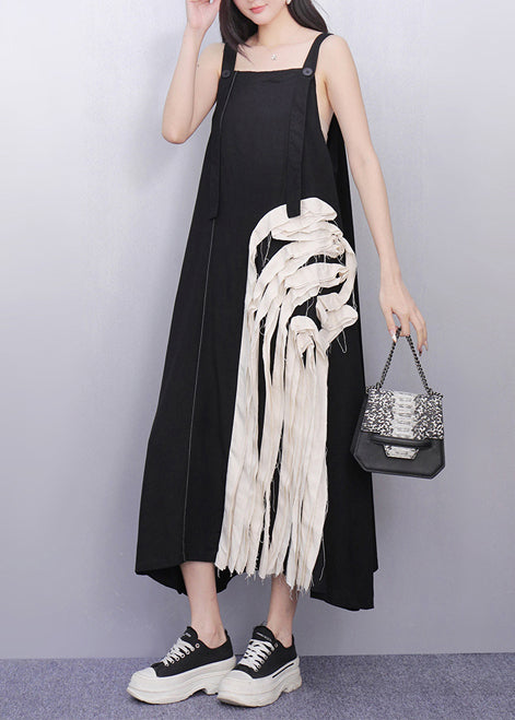 Black Tasseled Patchwork Cotton Sundress Summer