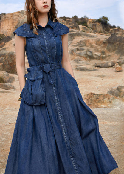 Navy Peter Pan Collar Patchwork Pockets Long Denim Dress Short Sleeve