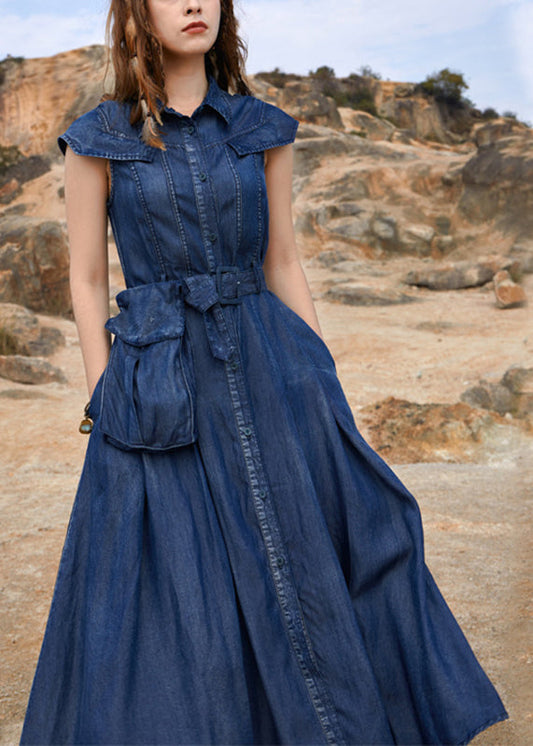 Navy Peter Pan Collar Patchwork Pockets Long Denim Dress Short Sleeve