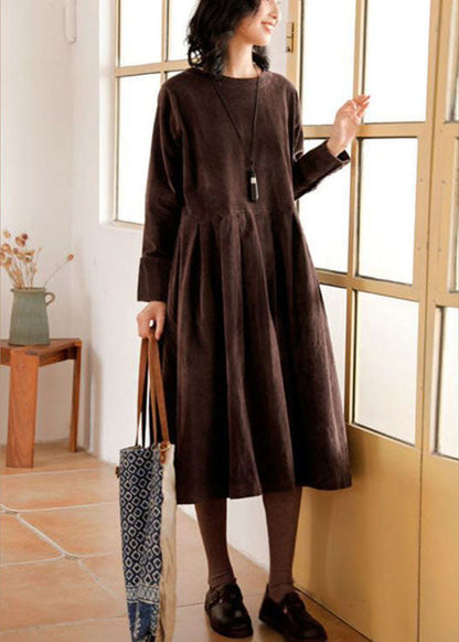 French Blue Corduroy Dress Pockets Button Patchwork Fall Dresses