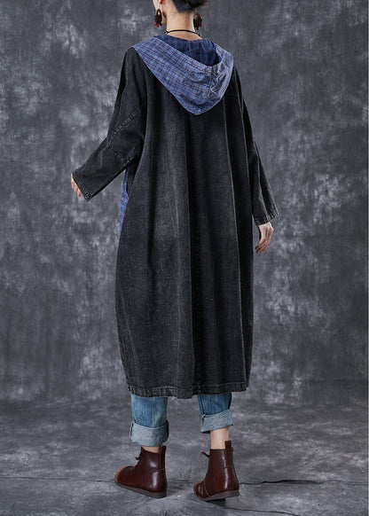 Black Hooded Patchwork Big Pockets Denim Coats Fall
