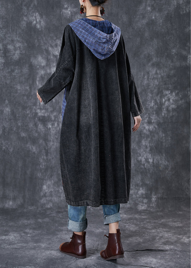 Black Hooded Patchwork Big Pockets Denim Coats Fall