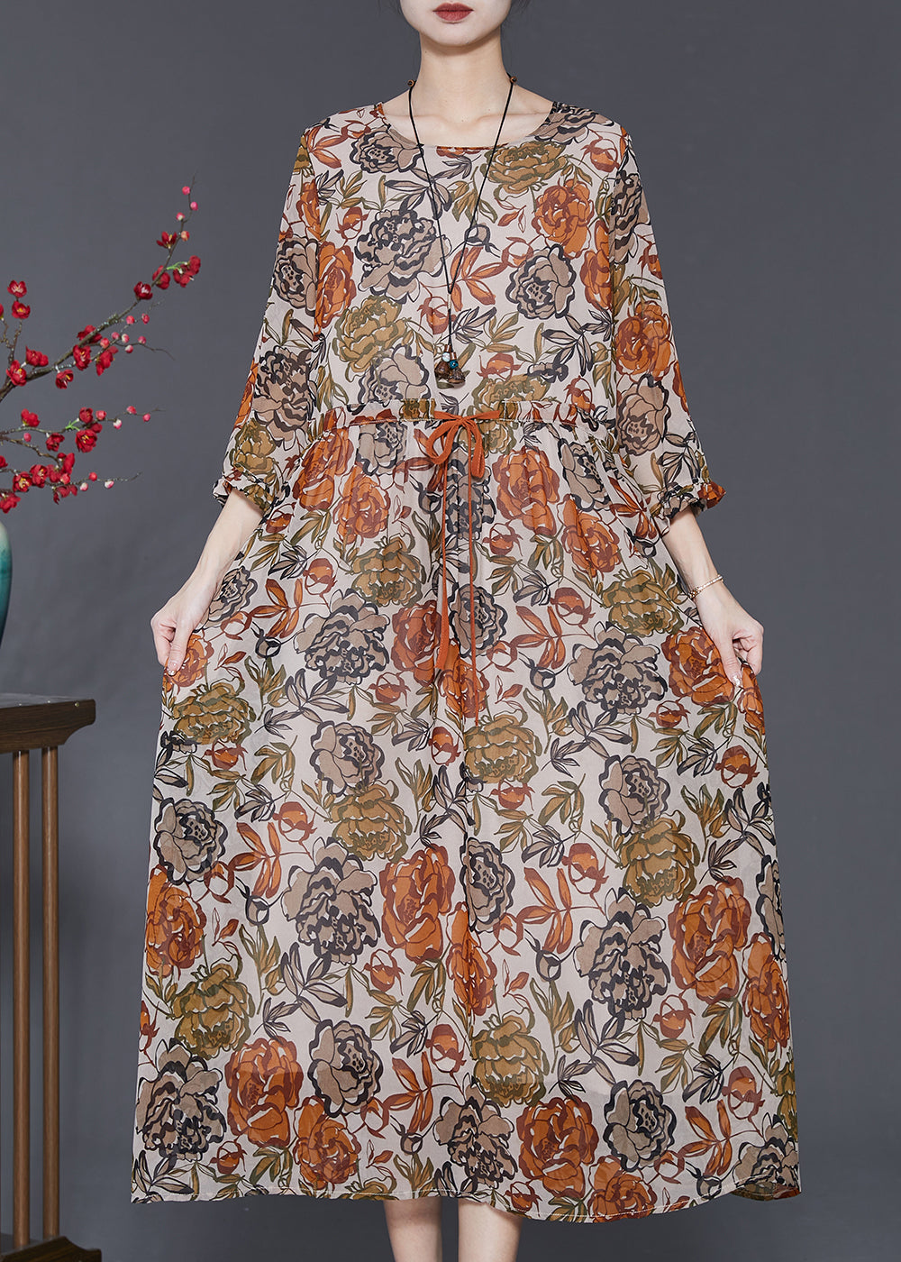 Khaki Cinched Print Silk Dress Bracelet Sleeve