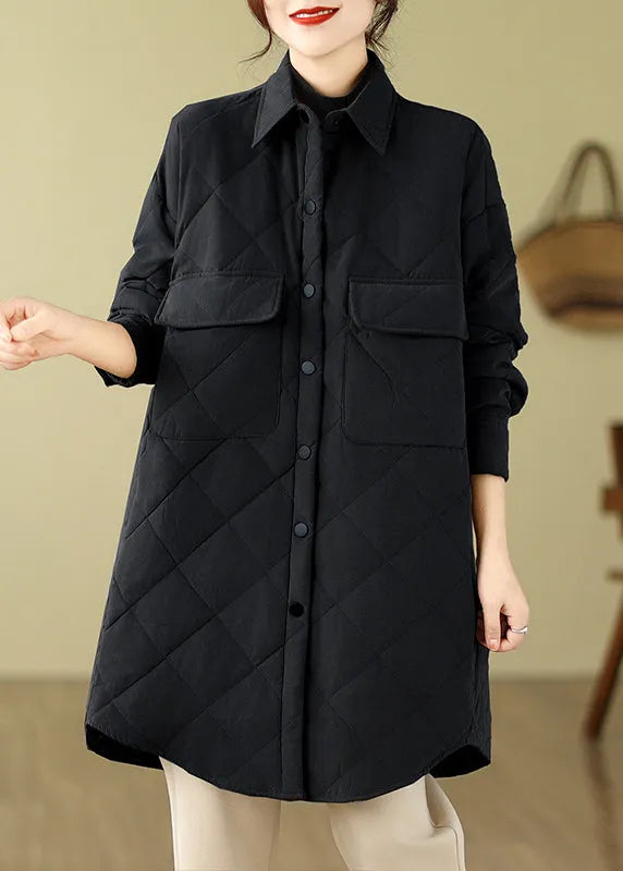 Black Peter Pan Collar Pockets Fine Cotton Filled Puffers Jackets Winter