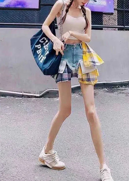 Fitted Blue Asymmetrical Patchwork Denim Skirts Summer