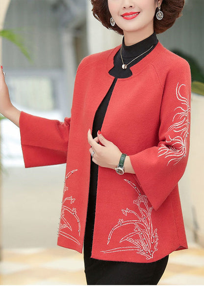 Red Print Woolen Cardigans O-neck Oversized Nail Bead Long Sleeve