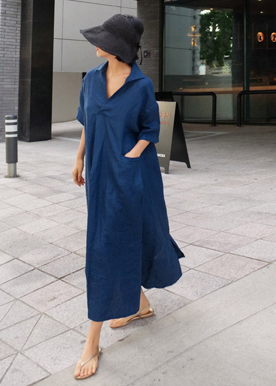 Blue Wrinkled Side Open Linen Dress Short Sleeve Summer