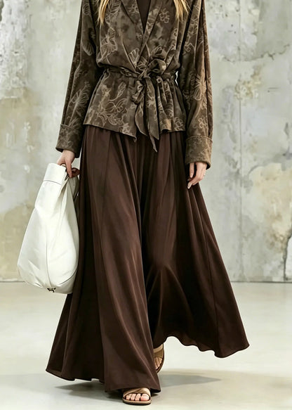 Print Tie Waist Shirt and Maxi Skirts Two Pieces Set Fall