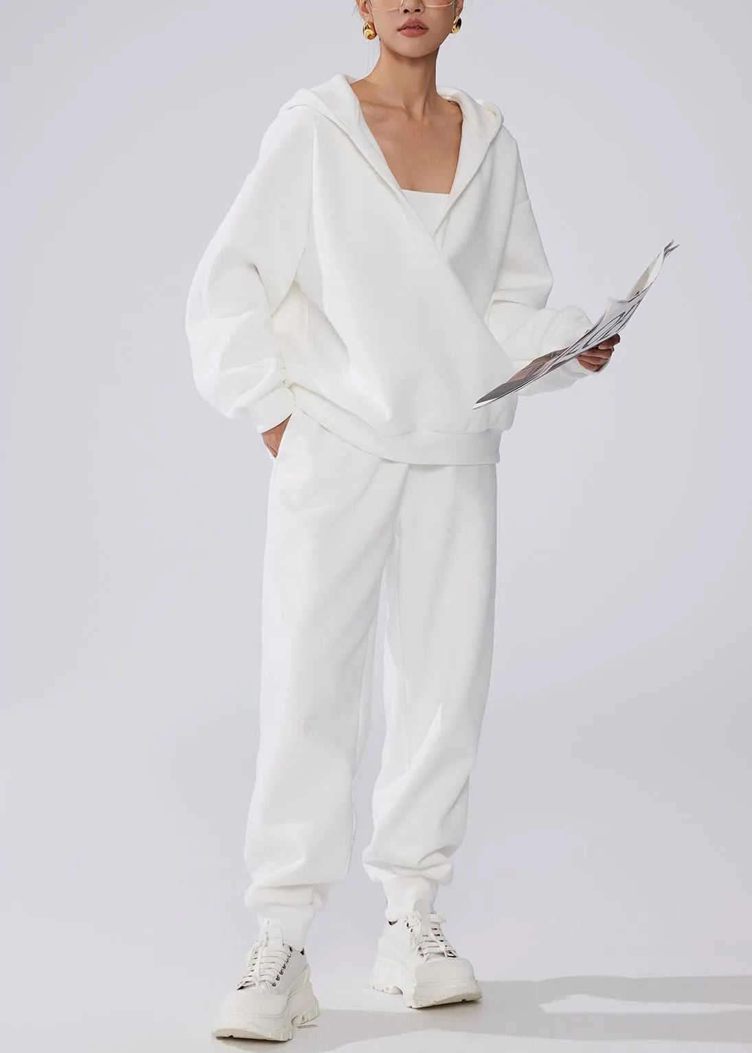 White Pockets Elastic Waist Warm Fleece Winter Two Pieces Set Hooded