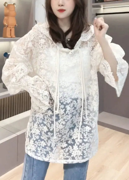 Brief Beige Embroideried Button Hooded Upf 50+ Coat Jacket Summer